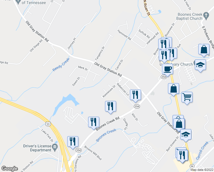 map of restaurants, bars, coffee shops, grocery stores, and more near 105 Evan Lane in Johnson City