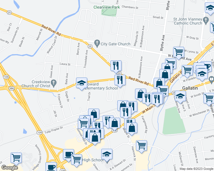 map of restaurants, bars, coffee shops, grocery stores, and more near 122-124 South Ford Street in Gallatin