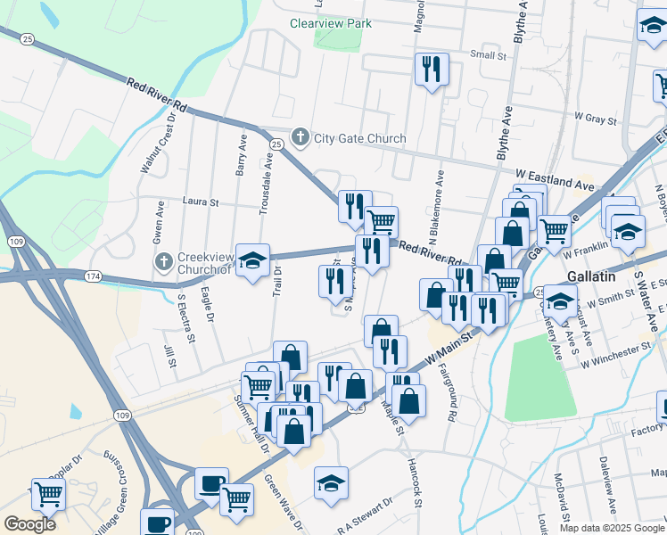 map of restaurants, bars, coffee shops, grocery stores, and more near 635 Long Hollow Pike in Gallatin