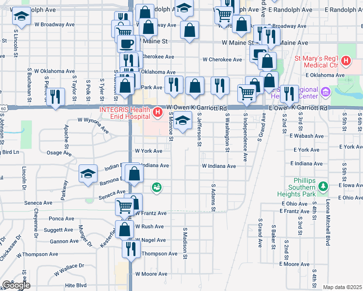 map of restaurants, bars, coffee shops, grocery stores, and more near 611 West Wabash Avenue in Enid