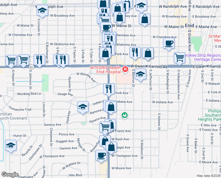 map of restaurants, bars, coffee shops, grocery stores, and more near 801 South Van Buren Street in Enid