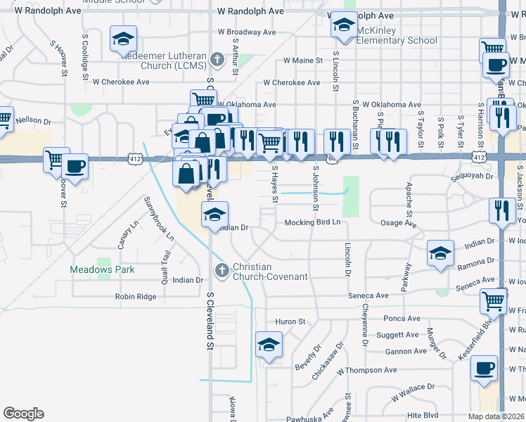map of restaurants, bars, coffee shops, grocery stores, and more near 2129 Wilshire Drive in Enid
