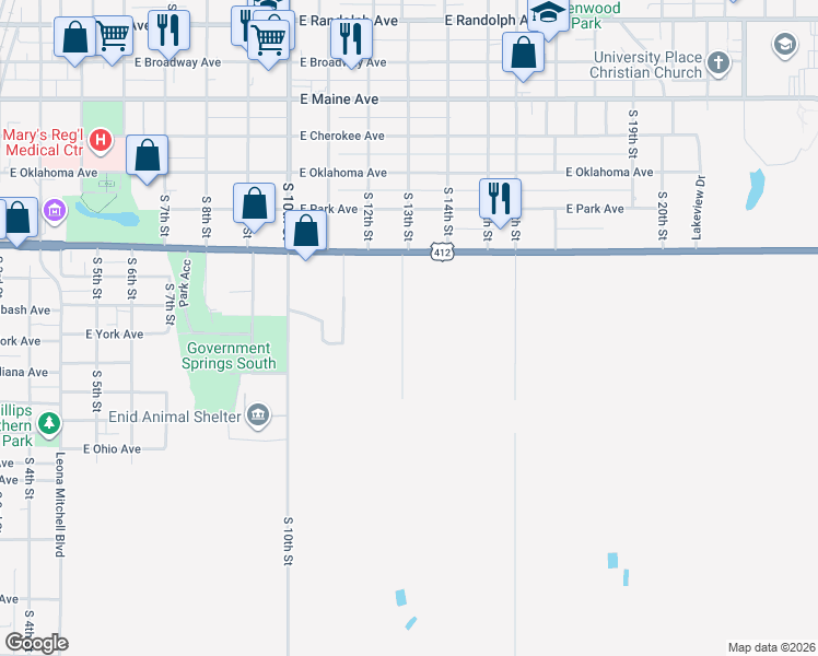 map of restaurants, bars, coffee shops, grocery stores, and more near 815 South 13th Street in Enid