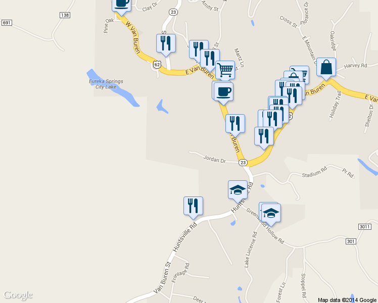 map of restaurants, bars, coffee shops, grocery stores, and more near 122 Jordan Dr in Eureka Springs