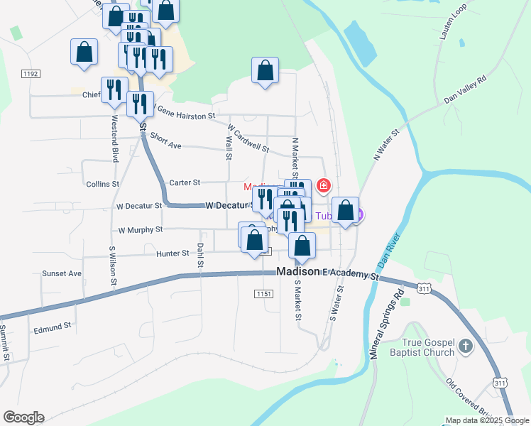 map of restaurants, bars, coffee shops, grocery stores, and more near 110 North Franklin Street in Mayodan