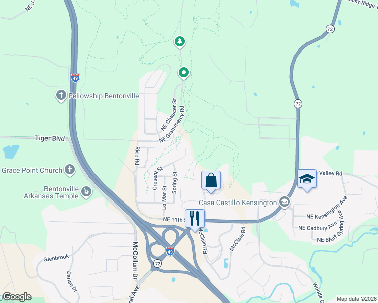 map of restaurants, bars, coffee shops, grocery stores, and more near 1613 Cresent Street in Bentonville