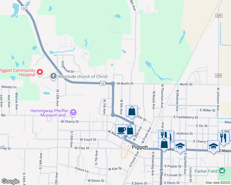 map of restaurants, bars, coffee shops, grocery stores, and more near 604 North 5th Avenue in Piggott
