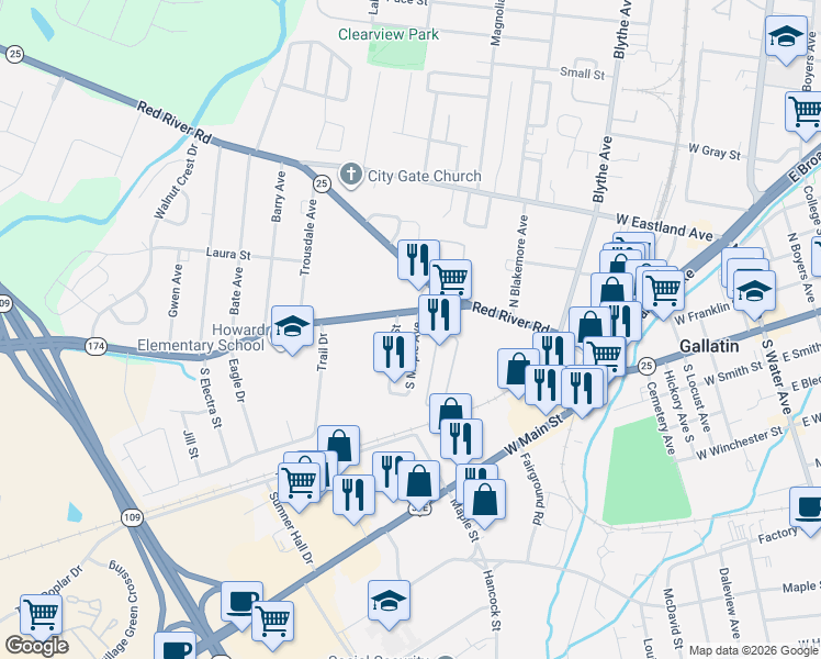 map of restaurants, bars, coffee shops, grocery stores, and more near 118 South Maple Avenue in Gallatin