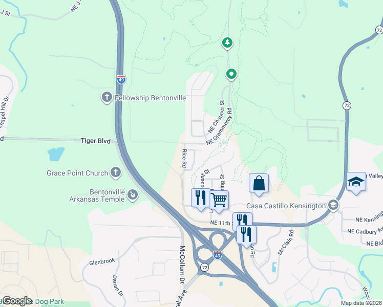map of restaurants, bars, coffee shops, grocery stores, and more near 1513 Linwood Circle in Bentonville