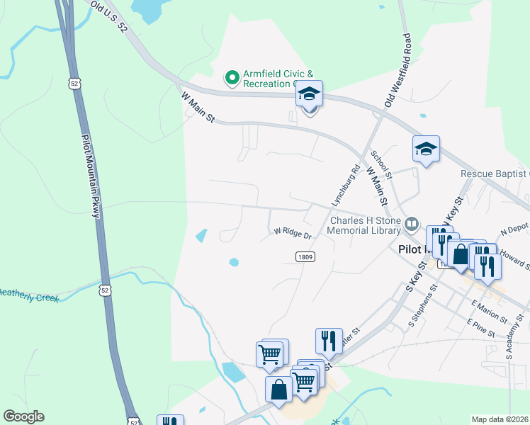 map of restaurants, bars, coffee shops, grocery stores, and more near 832 Dodson Mill Road in Pilot Mountain