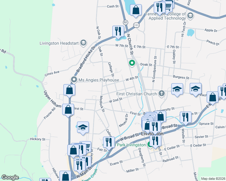 map of restaurants, bars, coffee shops, grocery stores, and more near 603 Oak Street in Livingston
