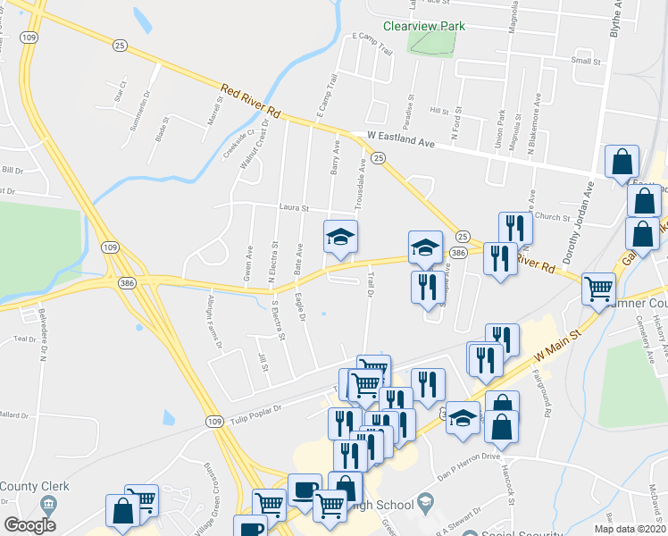 map of restaurants, bars, coffee shops, grocery stores, and more near 805 Long Hollow Pike in Gallatin
