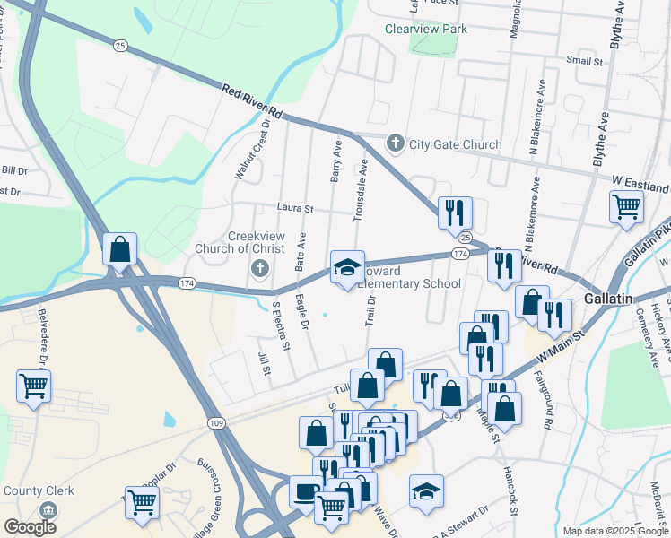 map of restaurants, bars, coffee shops, grocery stores, and more near 805 Long Hollow Pike in Gallatin
