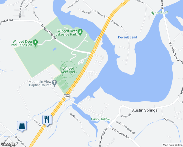 map of restaurants, bars, coffee shops, grocery stores, and more near 5 Lake Village Court in Johnson City