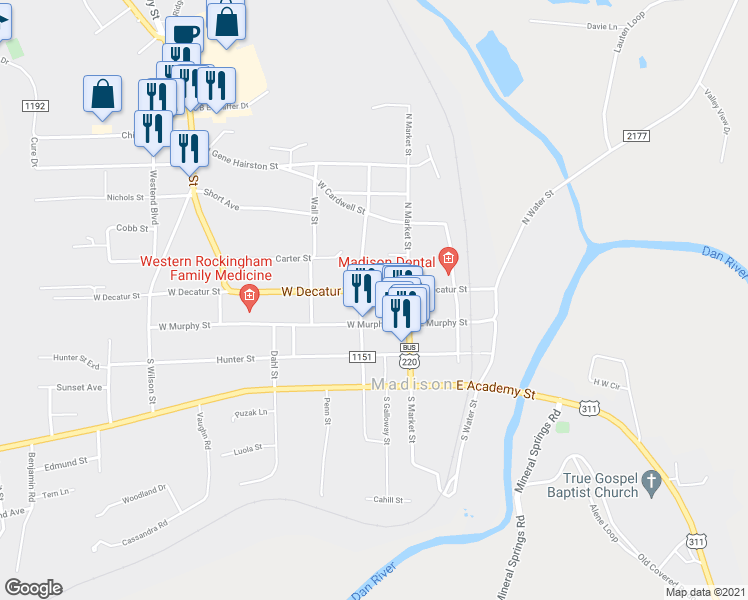 map of restaurants, bars, coffee shops, grocery stores, and more near 111 West Decatur Street in Madison