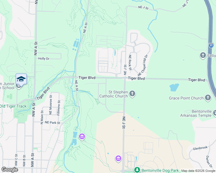 map of restaurants, bars, coffee shops, grocery stores, and more near 1218 Northeast Buckingham Boulevard in Bentonville