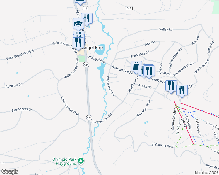 map of restaurants, bars, coffee shops, grocery stores, and more near Winter Park Lane in Angel Fire