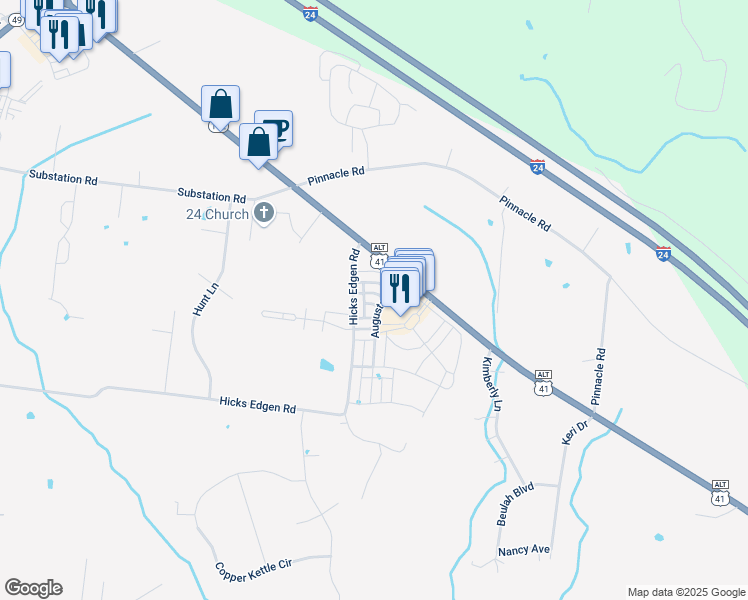 map of restaurants, bars, coffee shops, grocery stores, and more near 1574 Hicks Edgen Road in Pleasant View