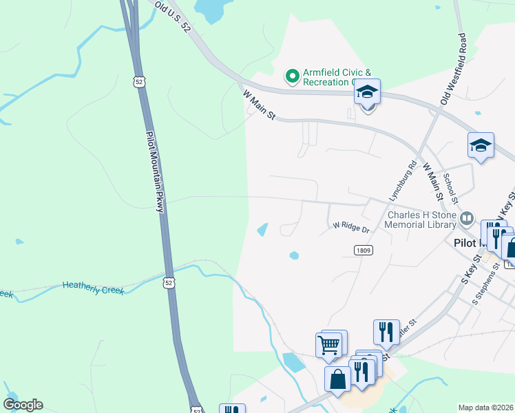 map of restaurants, bars, coffee shops, grocery stores, and more near 950 Dodson Mill Road in Pilot Mountain
