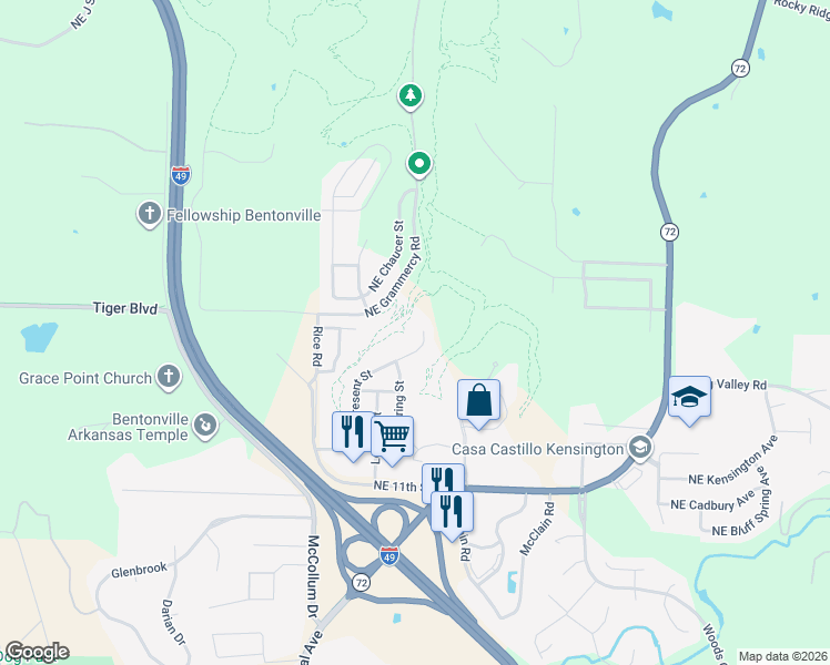 map of restaurants, bars, coffee shops, grocery stores, and more near 1613 Cresent Street in Bentonville