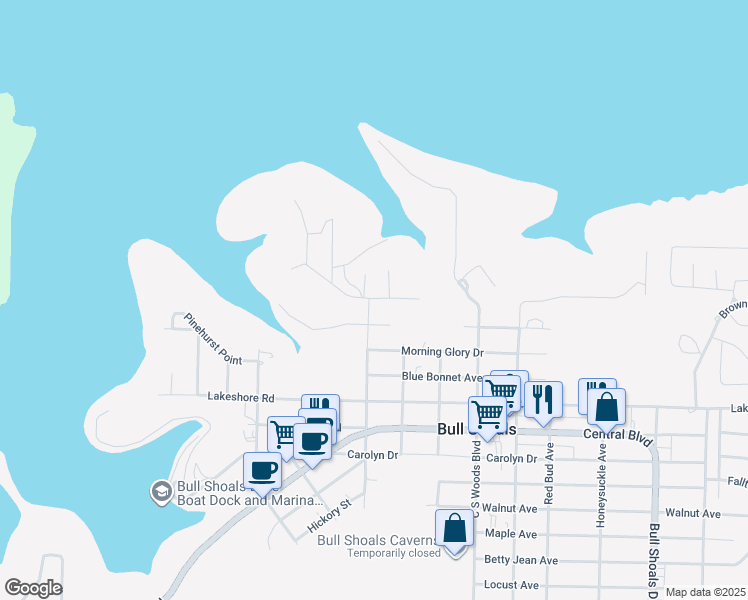 map of restaurants, bars, coffee shops, grocery stores, and more near 102 Mockingbird Drive in Bull Shoals