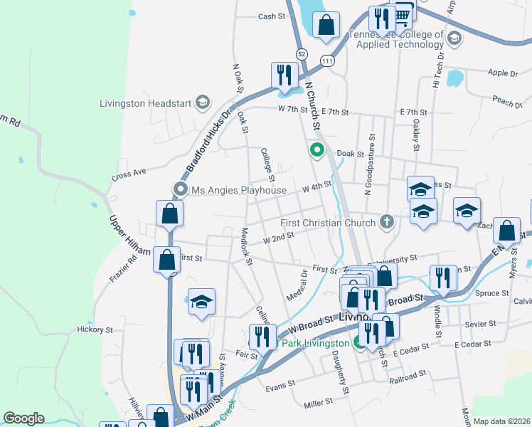 map of restaurants, bars, coffee shops, grocery stores, and more near 603 Oak St in Livingston