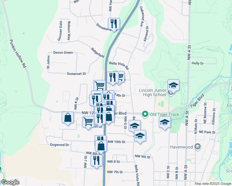 map of restaurants, bars, coffee shops, grocery stores, and more near 810 NW 14th St in Bentonville