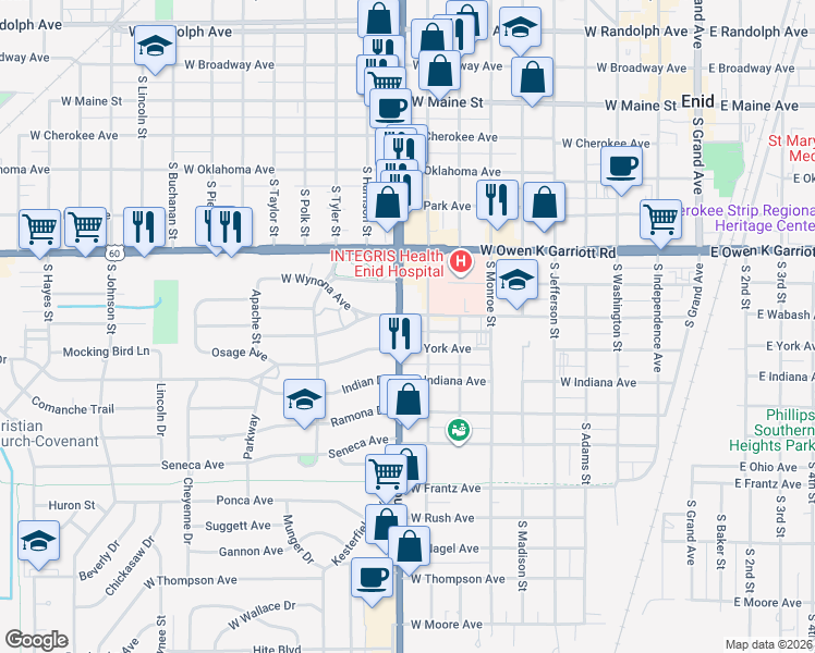 map of restaurants, bars, coffee shops, grocery stores, and more near 801 South Van Buren Street in Enid