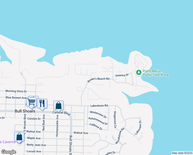 map of restaurants, bars, coffee shops, grocery stores, and more near 126 Brown's Beach Road in Bull Shoals