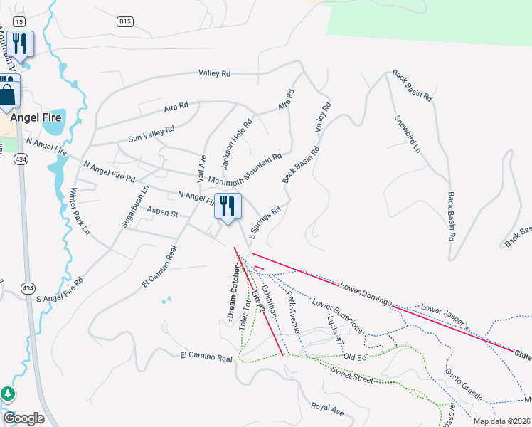 map of restaurants, bars, coffee shops, grocery stores, and more near 2 Jackson Hole Road in Angel Fire