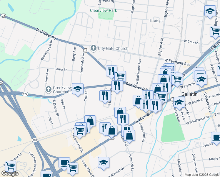 map of restaurants, bars, coffee shops, grocery stores, and more near 118 S Maple Ave in Gallatin