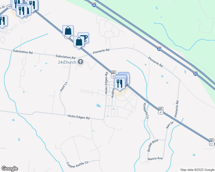 map of restaurants, bars, coffee shops, grocery stores, and more near 1574 Hicks Edgen Road in Pleasant View