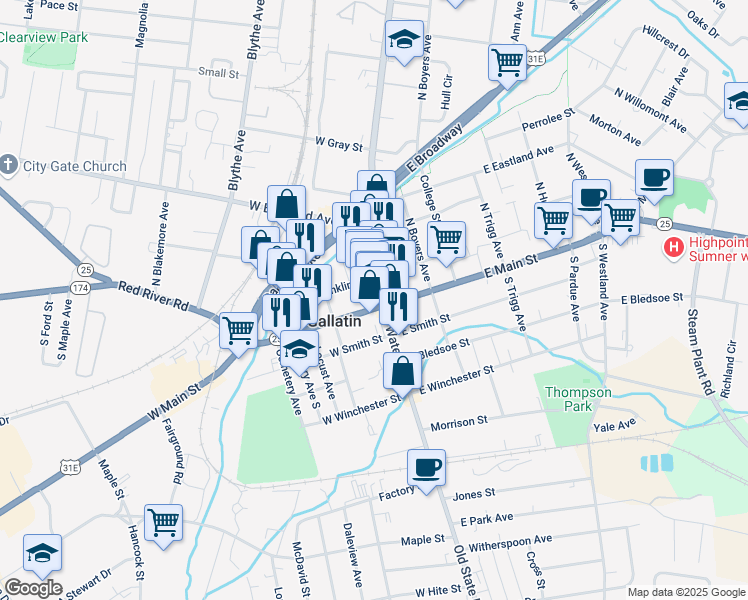 map of restaurants, bars, coffee shops, grocery stores, and more near in Gallatin