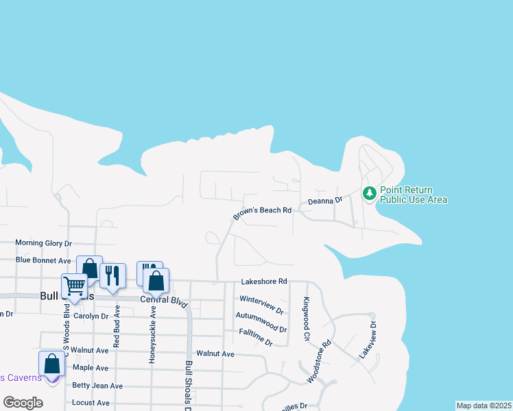 map of restaurants, bars, coffee shops, grocery stores, and more near 126 Brown's Beach Road in Bull Shoals