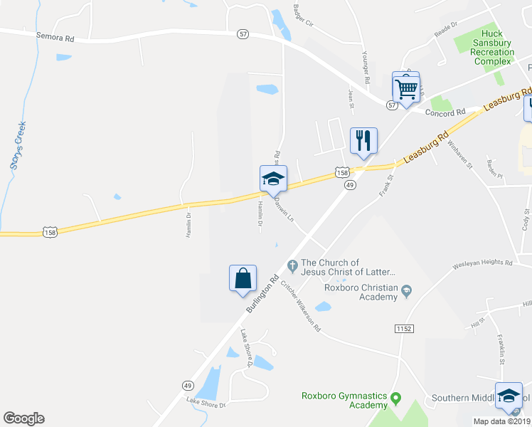 map of restaurants, bars, coffee shops, grocery stores, and more near 95 Hamlin Drive in Roxboro
