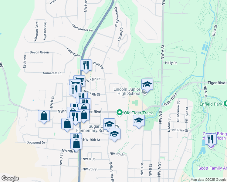 map of restaurants, bars, coffee shops, grocery stores, and more near 508 Braithwaite Street in Bentonville