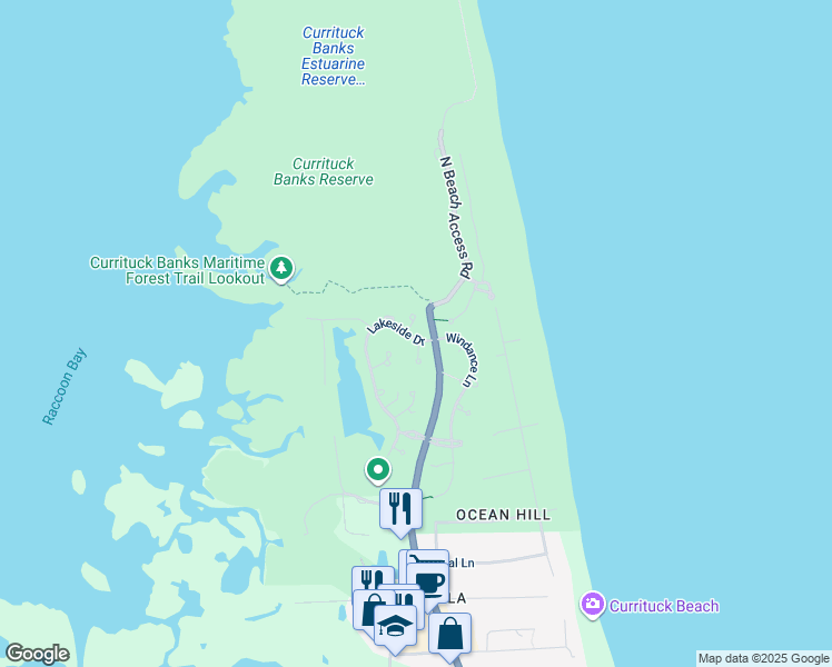 map of restaurants, bars, coffee shops, grocery stores, and more near 1270 Still Water Court in Corolla