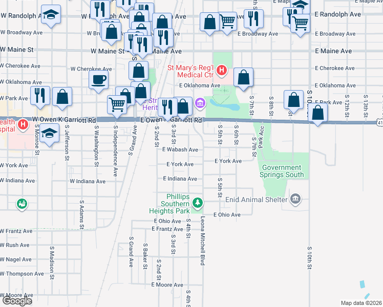 map of restaurants, bars, coffee shops, grocery stores, and more near 405 East Wabash Avenue in Enid