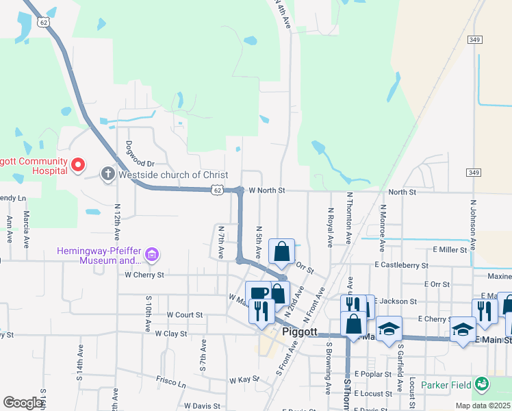 map of restaurants, bars, coffee shops, grocery stores, and more near 604 North 5th Avenue in Piggott