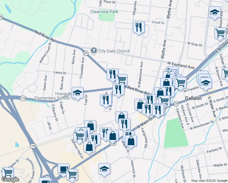 map of restaurants, bars, coffee shops, grocery stores, and more near 118 South Maple Avenue in Gallatin