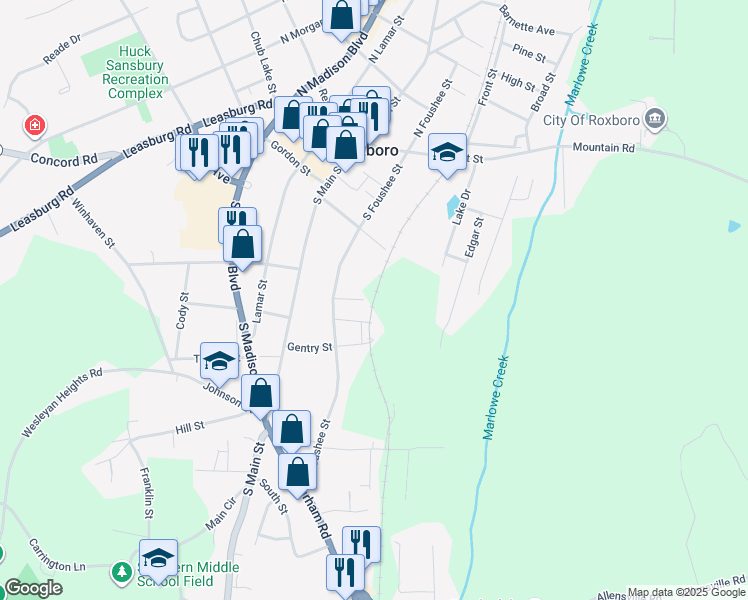 map of restaurants, bars, coffee shops, grocery stores, and more near 219 Merritt Place in Roxboro