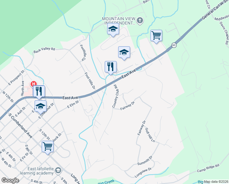 map of restaurants, bars, coffee shops, grocery stores, and more near 144 Country Club Road in LaFollette