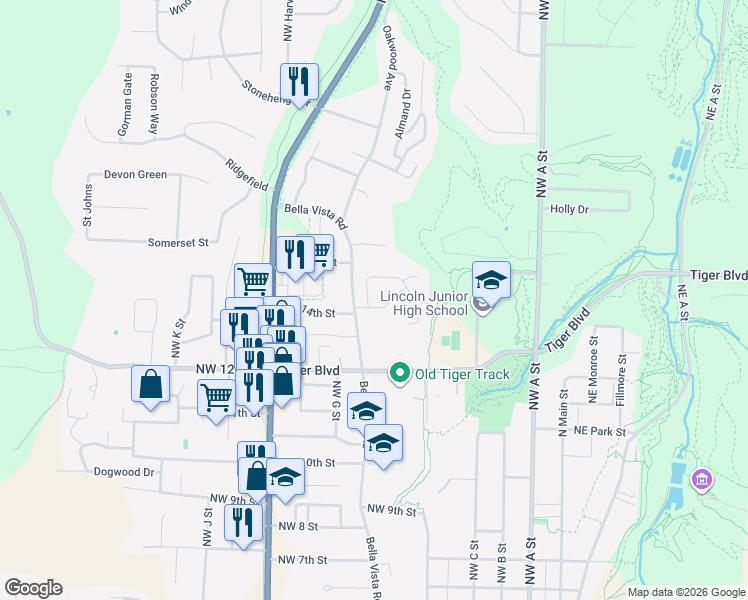 map of restaurants, bars, coffee shops, grocery stores, and more near 508 Braithwaite Street in Bentonville