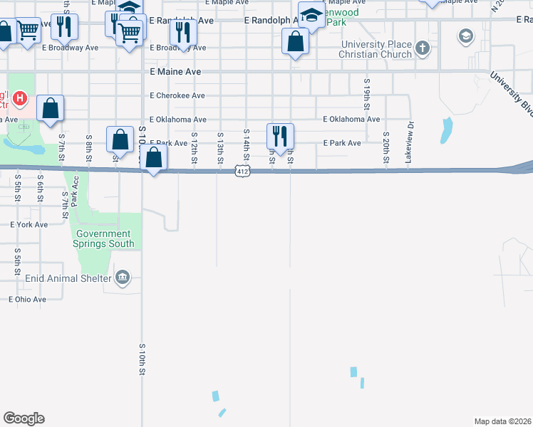 map of restaurants, bars, coffee shops, grocery stores, and more near 815 South 13th Street in Enid