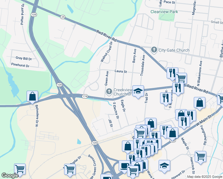 map of restaurants, bars, coffee shops, grocery stores, and more near 115 Gwen Avenue in Gallatin