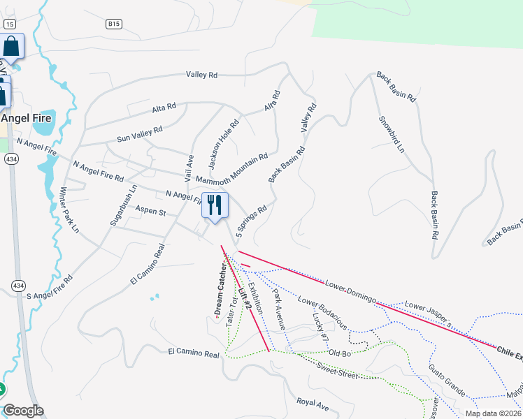 map of restaurants, bars, coffee shops, grocery stores, and more near 5 Springs Road in Angel Fire