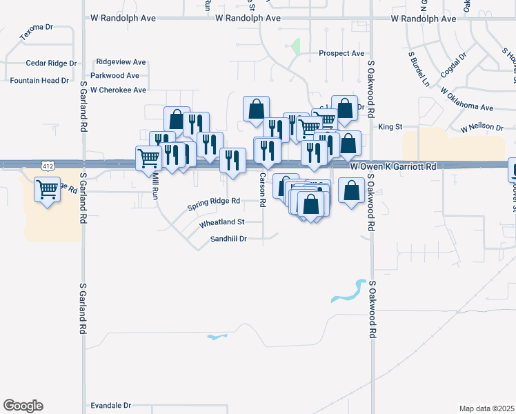 map of restaurants, bars, coffee shops, grocery stores, and more near 4417 Spring Ridge Road in Enid