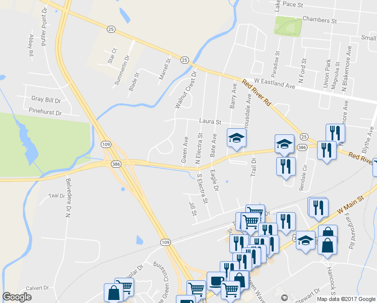 map of restaurants, bars, coffee shops, grocery stores, and more near 115 Gwen Avenue in Gallatin