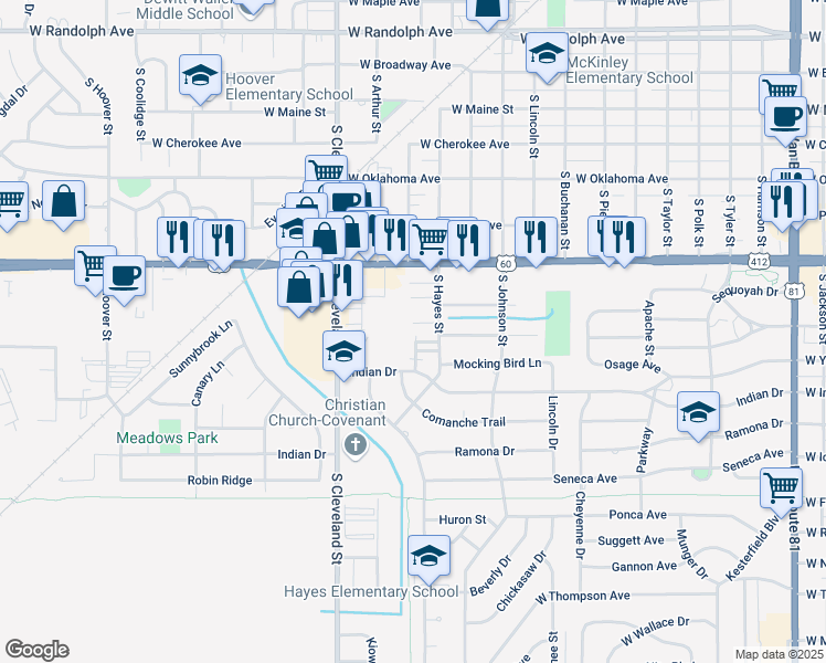 map of restaurants, bars, coffee shops, grocery stores, and more near 2129 Wilshire Drive in Enid