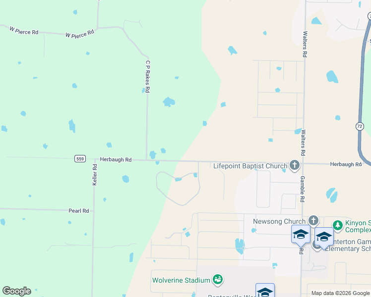 map of restaurants, bars, coffee shops, grocery stores, and more near 12444 Herbaugh Road in Bentonville